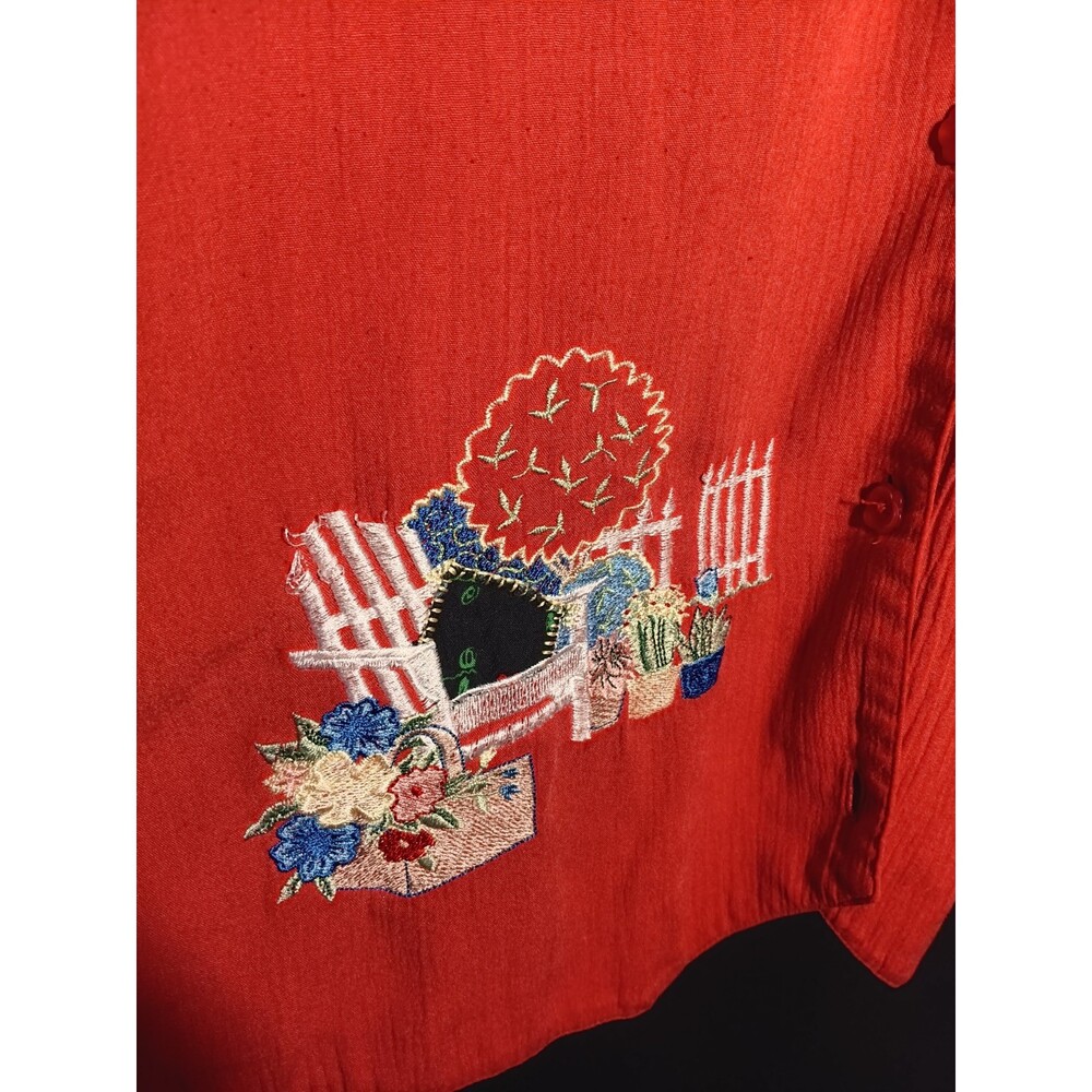 Red Cottagecore Spring Summer Garden Collar Button Up Teddi 2X Short Sleeve - Picture 2 of 4